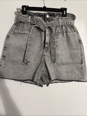 Zara Gray High-Waist Paperbag Denim Shorts with Belt